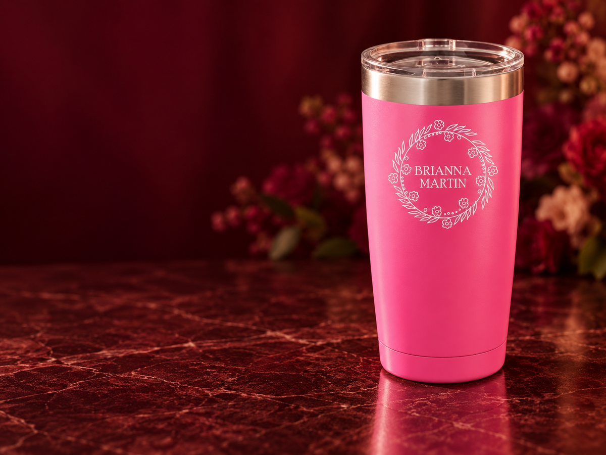 Pink floral engraved tumbler