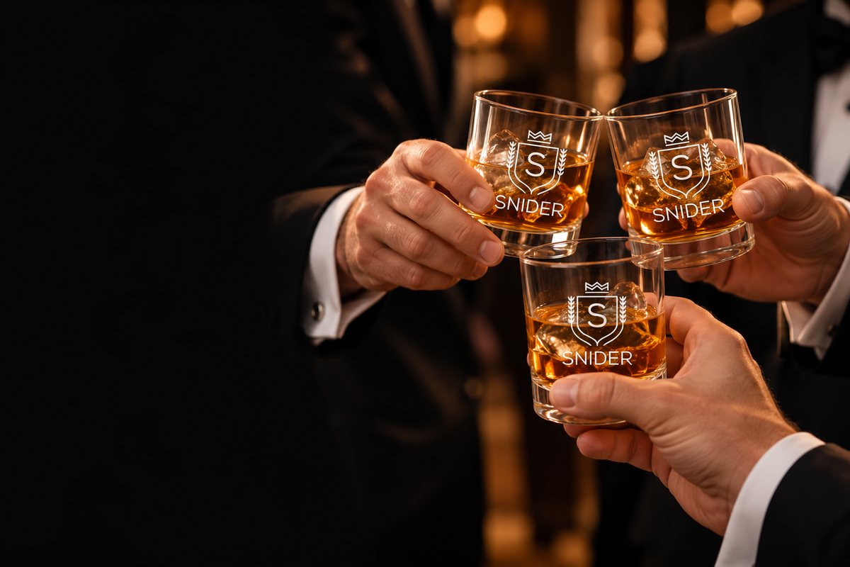 Wedding party toasting with personalized whiskey glasses