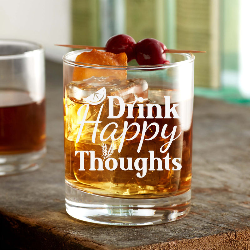 Drink Happy Thoughts Etched Scotch Glass