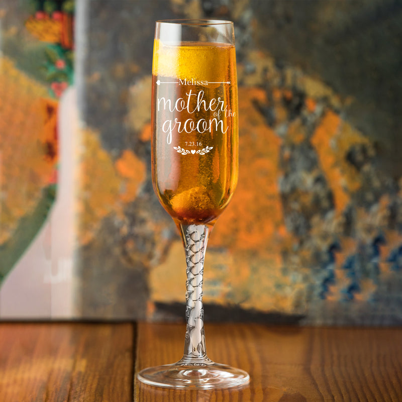 Engraved Bow & Arrow Mother of Groom Flute Glass