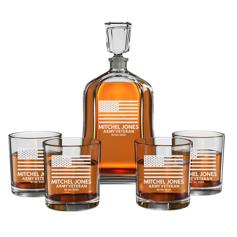 Engraved US Flag Whiskey Decanter Set w/ 4 Glasses
