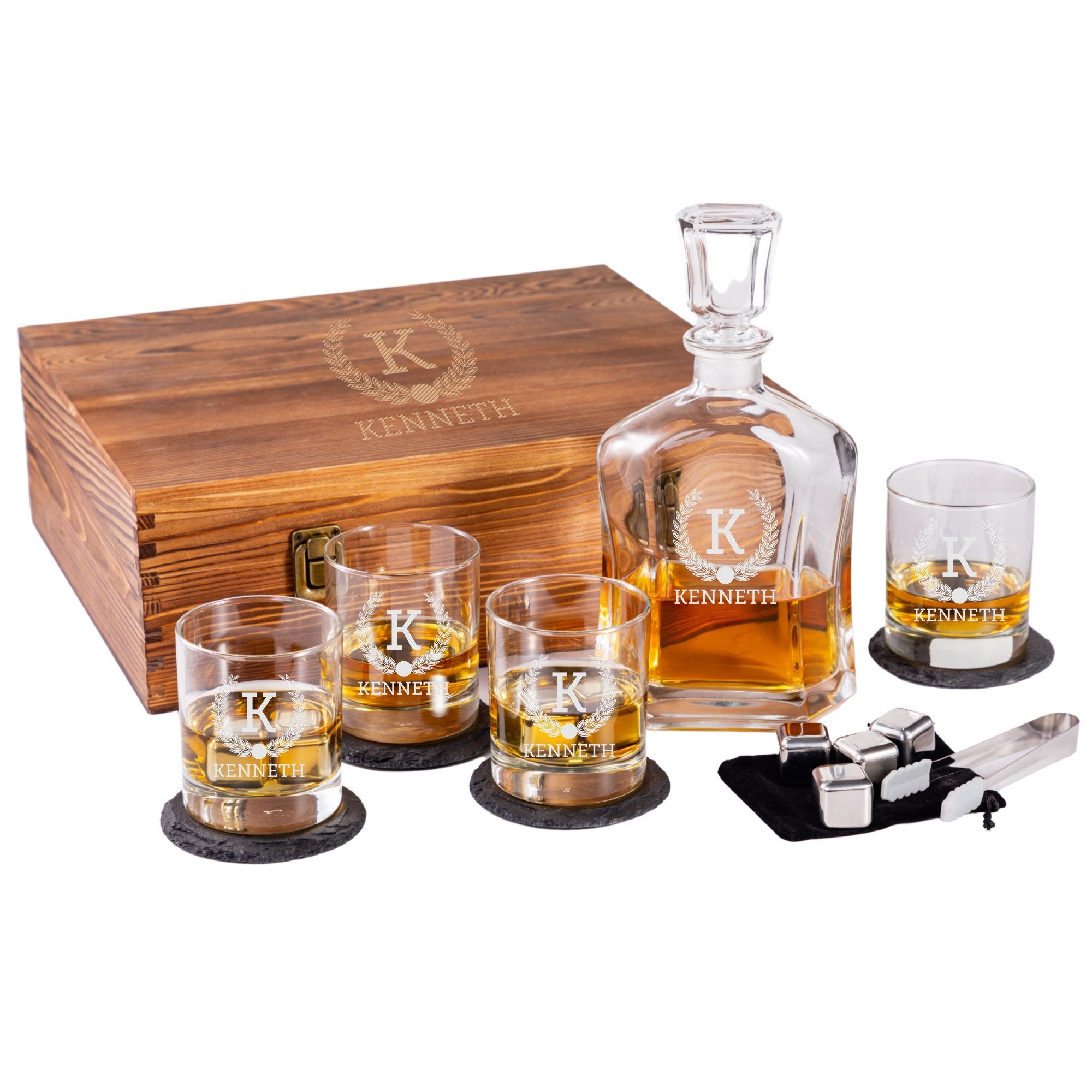 Engraved Rustic Wooden Gift Boxed Decanter, Scotch Glasses and Whiskey  Stone Set