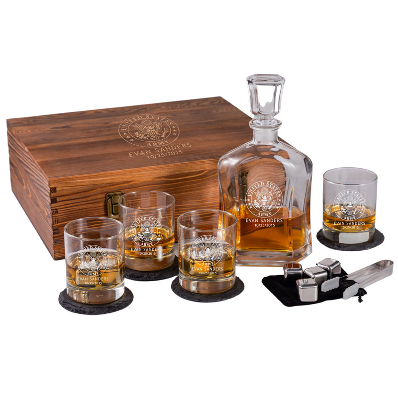Custom US Army Whiskey Decanter Set w/ Box