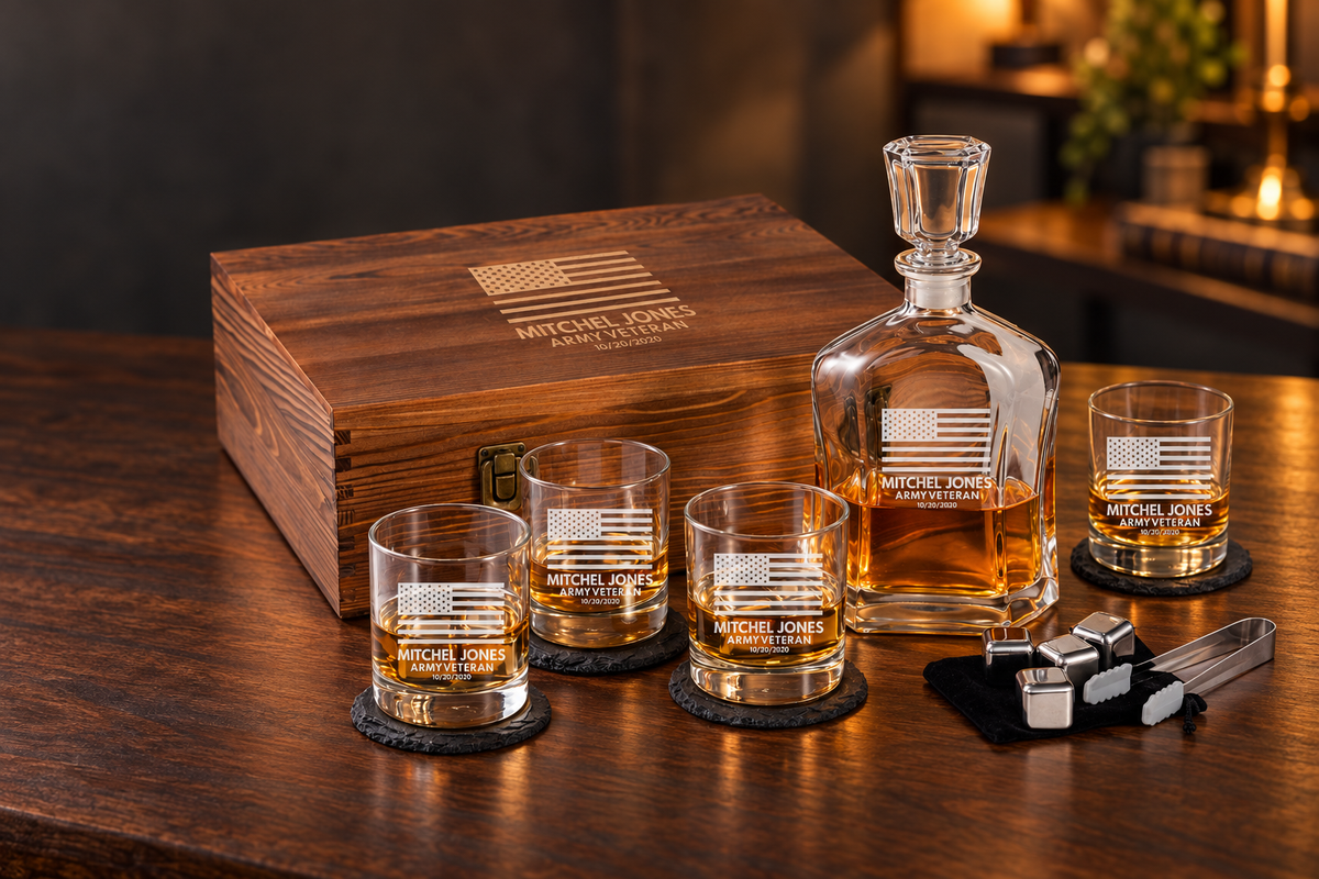 Personalized U.S. flag decanter, four engraved glasses and wooden gift box