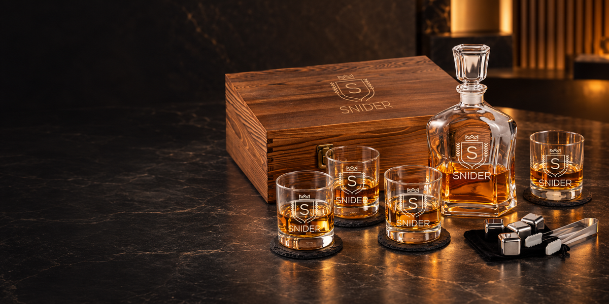 Personalized whiskey decanter, four glasses and wooden gift box