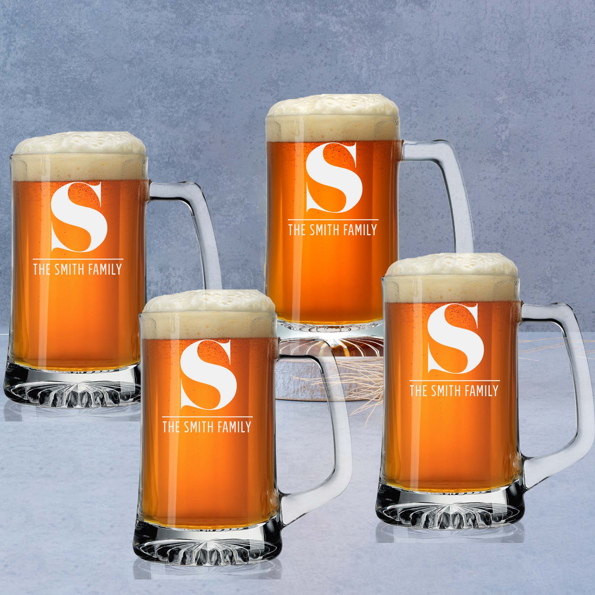 Customized Simple Initial & Last Name Beer Mug Set