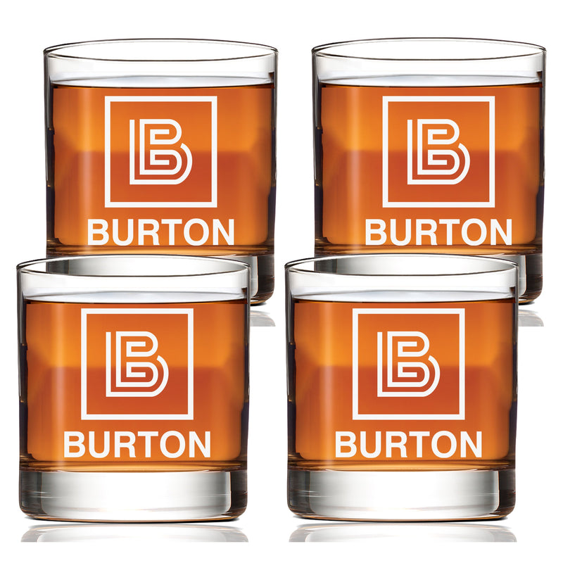 Personalized Squared Initial & Name Scotch Glass Set of 4