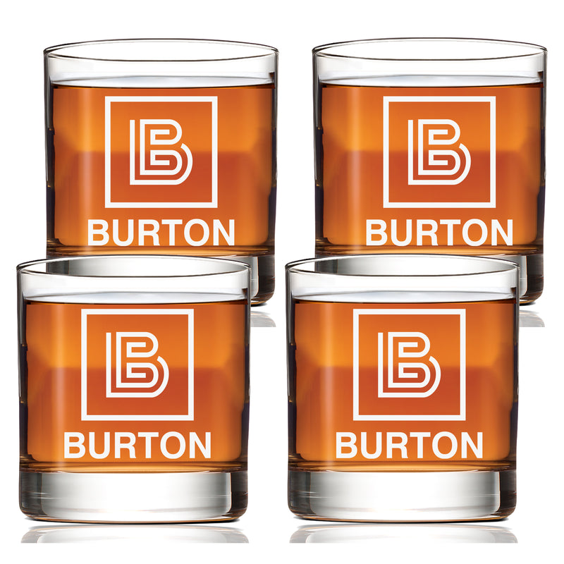 Customized Squared Initial & Name Scotch Glass Set of 4