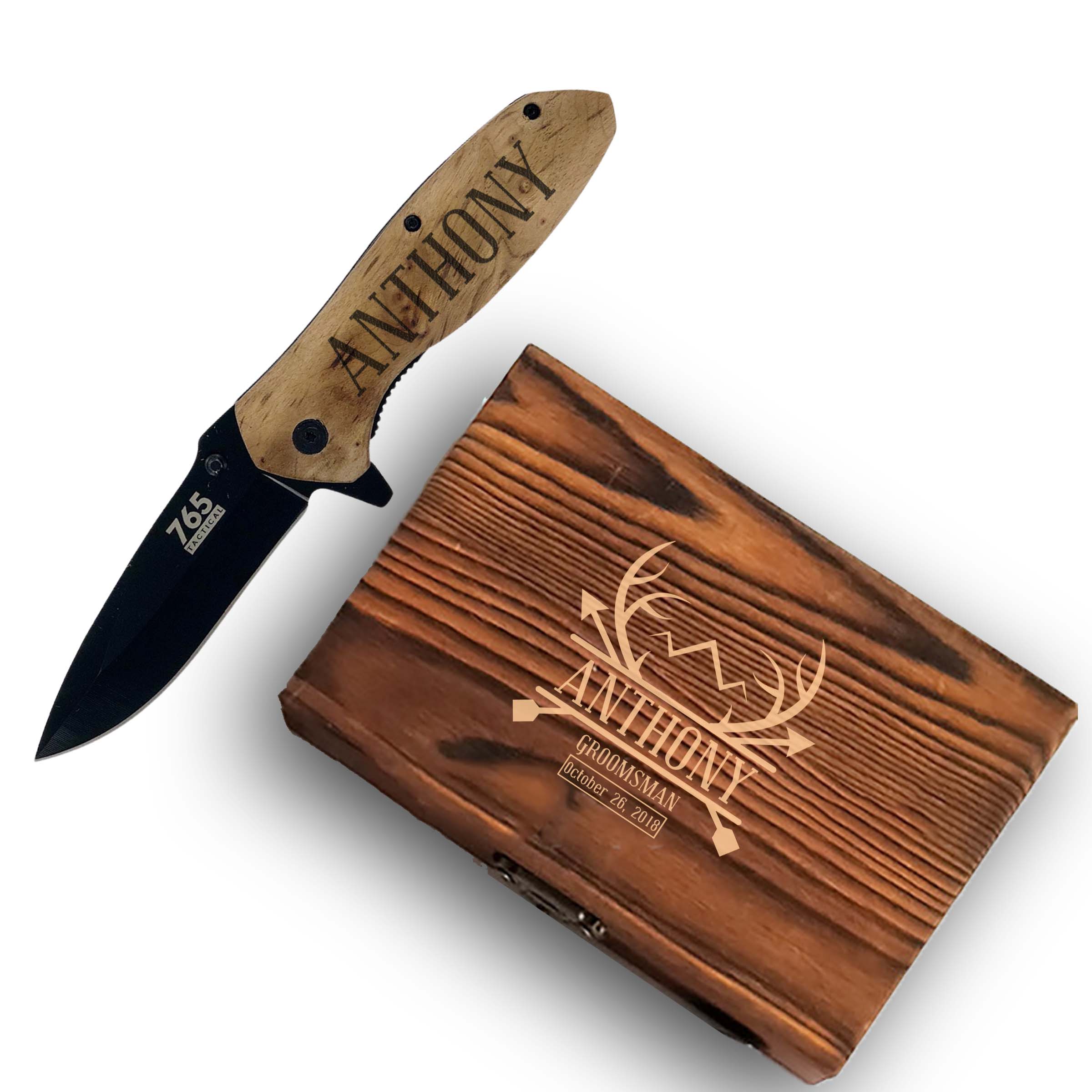 Personalized Antler Groomsmen Pocket Knife and Box Option