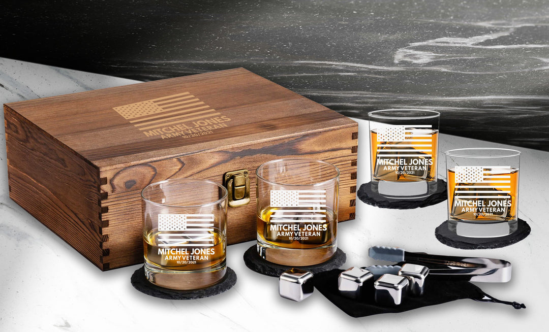 Etched US Flag Scotch Box Gift Set