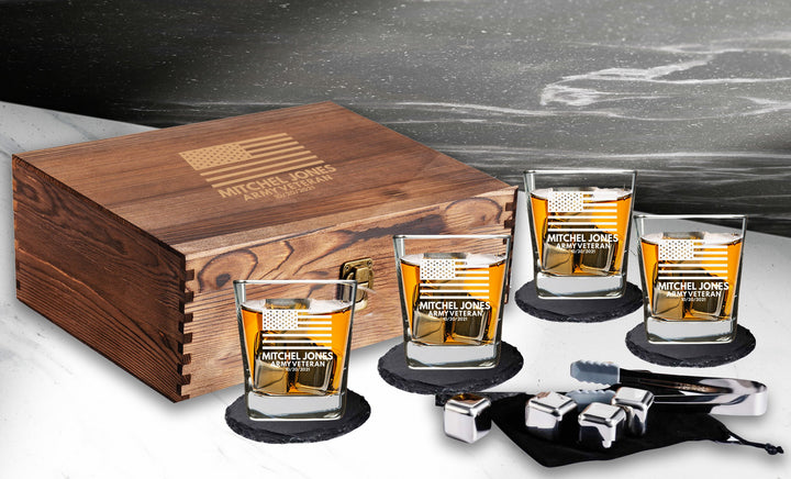 Etched US Flag Scotch Box Gift Set