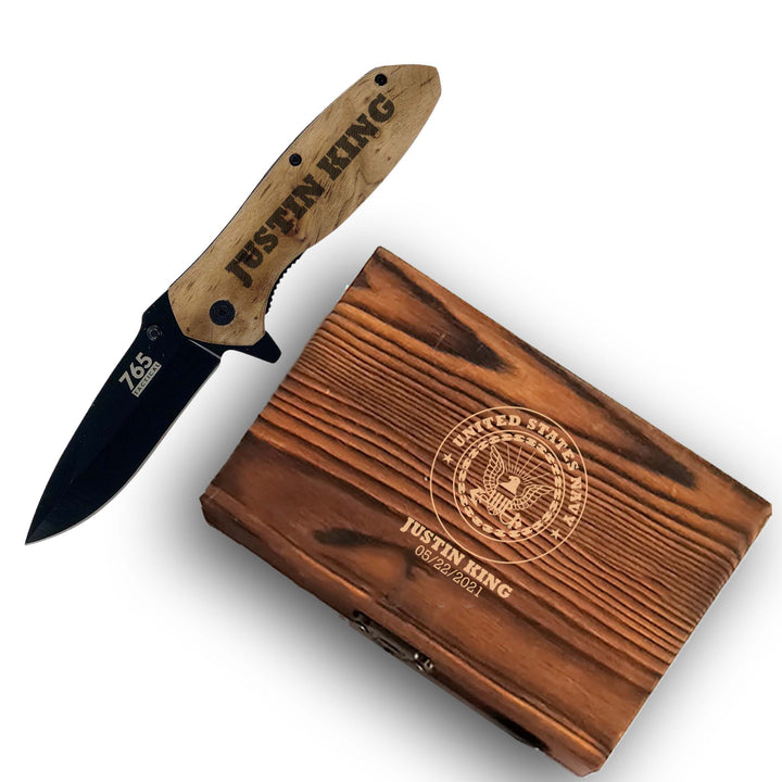 Customized Navy Pocket Knife and Box Option