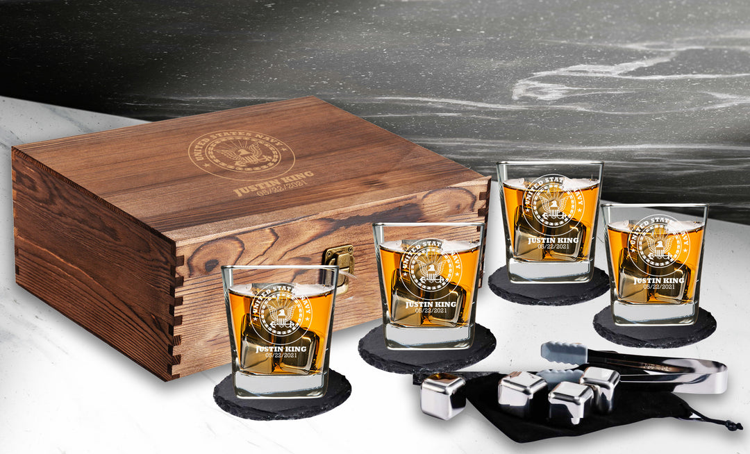 Engraved US Navy Scotch Box Gift Set