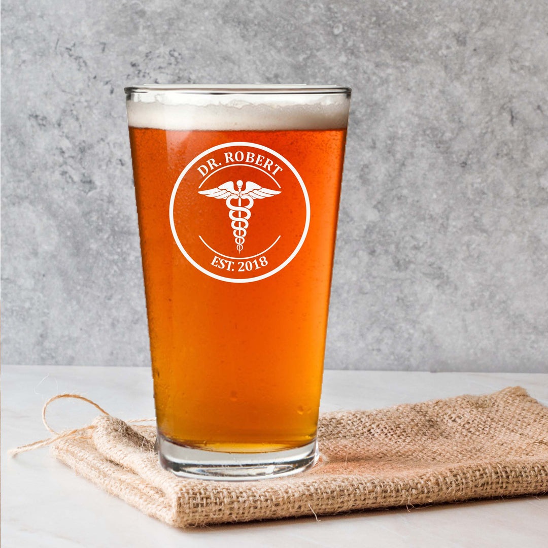 Personalized Caduceus Single Beer Glass