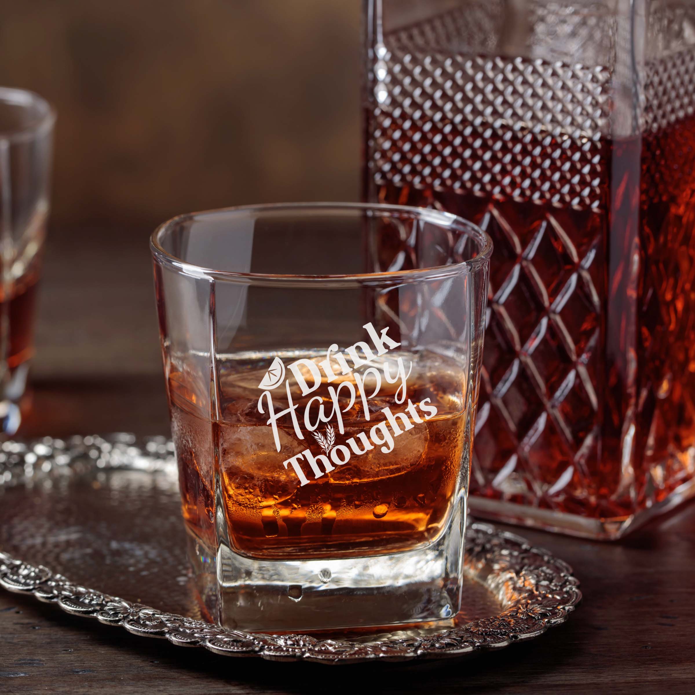 Drink Happy Thoughts Etched Scotch Glass