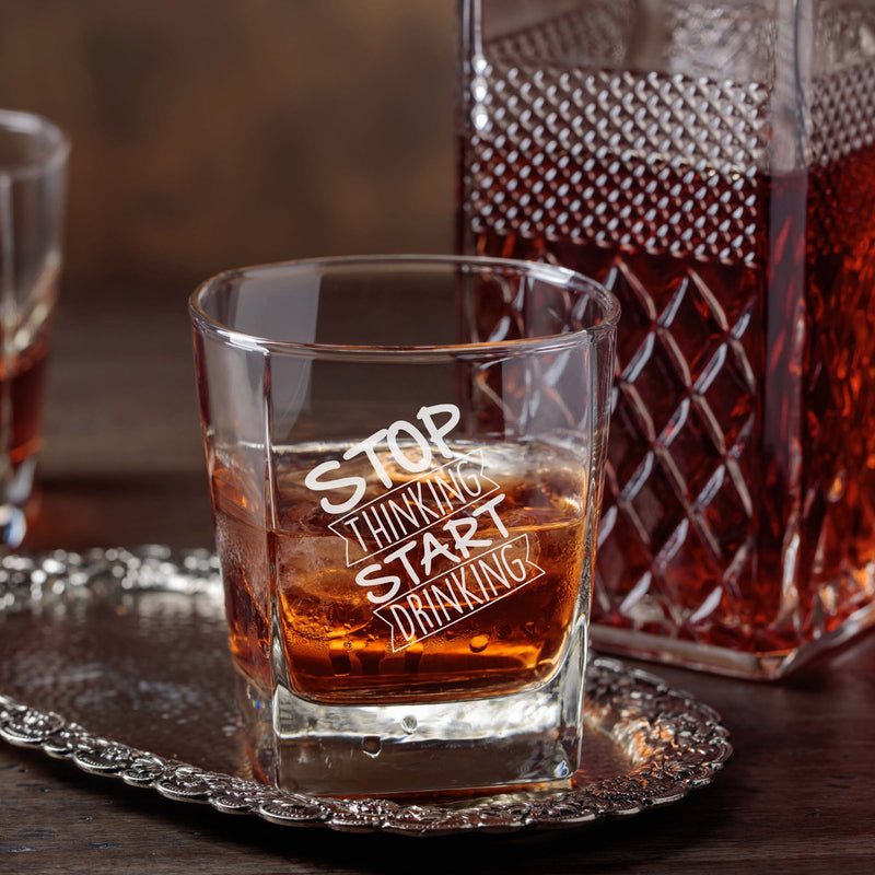 Stop Thinking Start Drinking Etched Scotch Glass