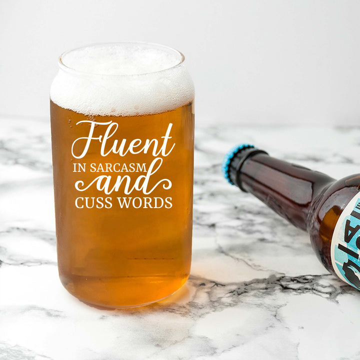 Personalized Fluent in Sarcasm and Cuss Words Single Beer Glass