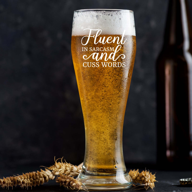 Personalized Fluent in Sarcasm and Cuss Words Single Beer Glass