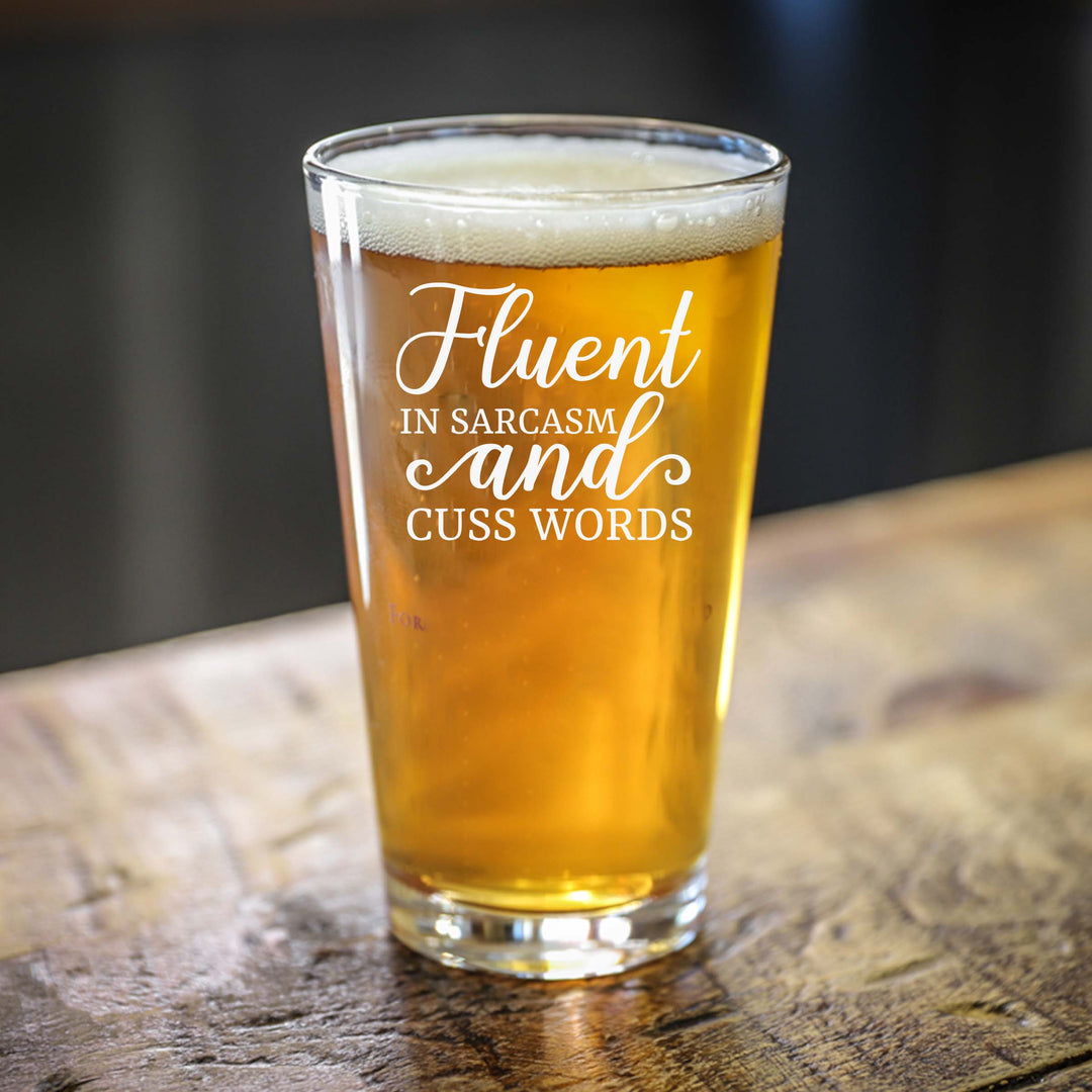 Personalized Fluent in Sarcasm and Cuss Words Single Beer Glass