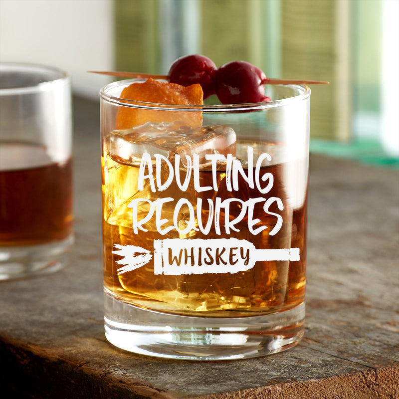 Adulting Requires Whiskey Etched Scotch Glass