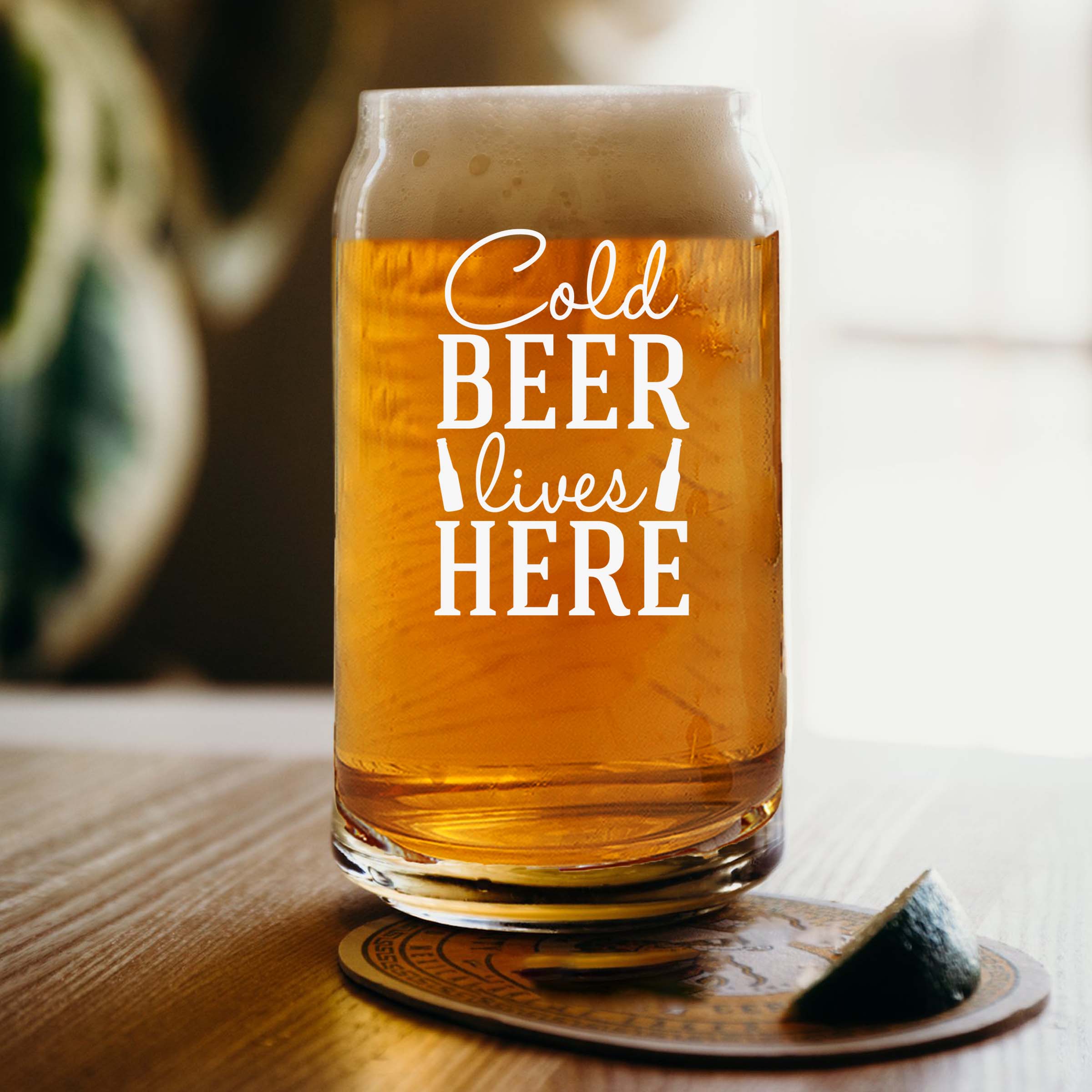 Engraved Cold Beer Lives Here Single Beer Glass