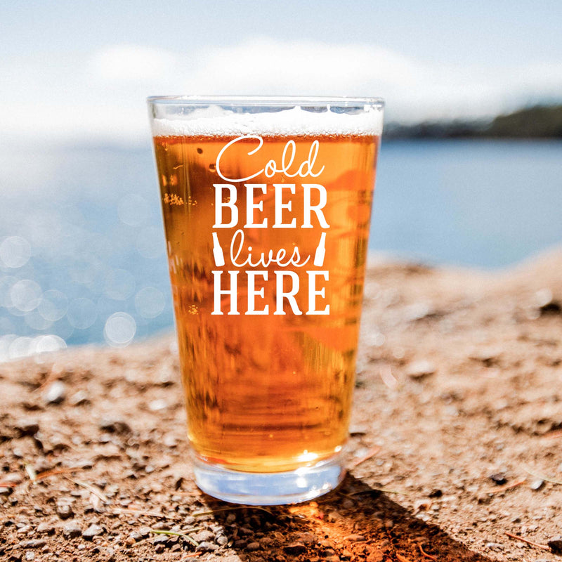 Engraved Cold Beer Lives Here Single Beer Glass