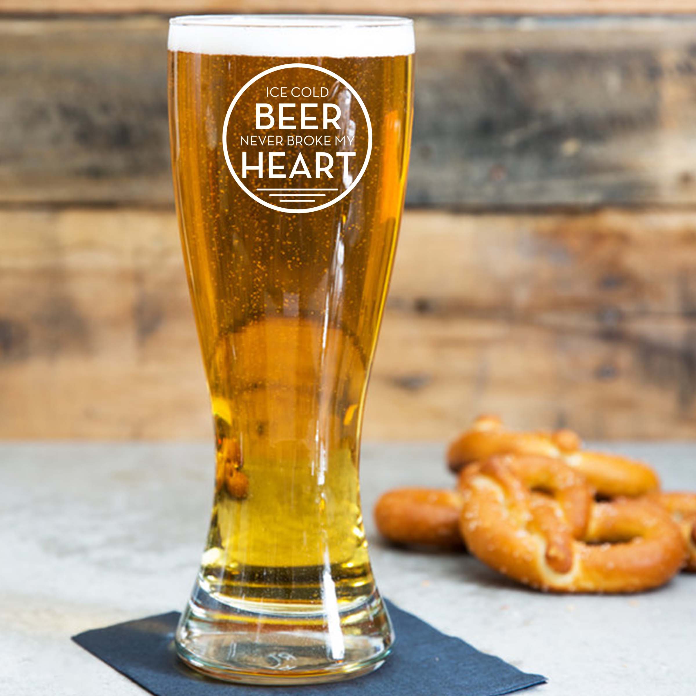 Engraved Iced Cold Beer Never Broke my Heart Single Beer Glass