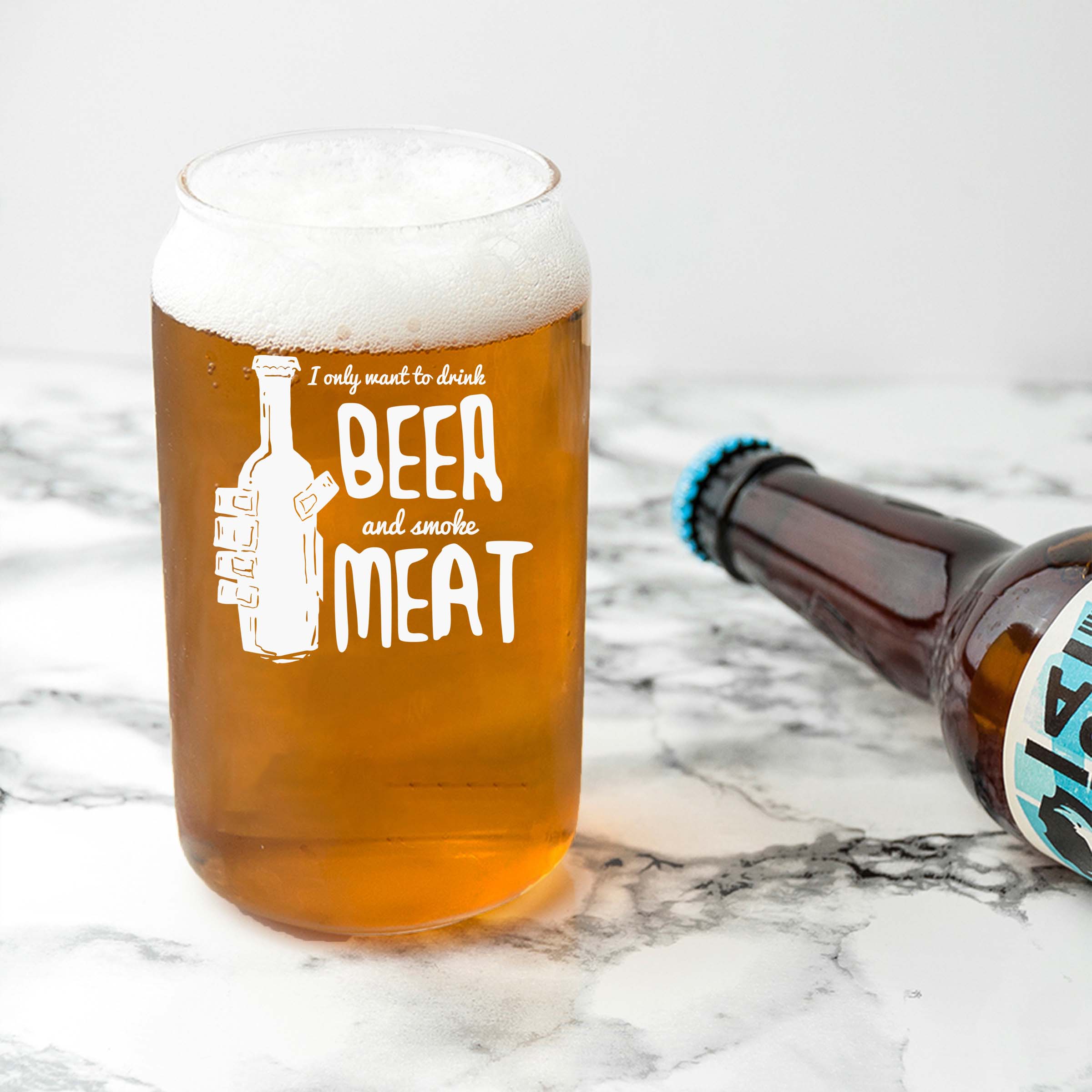 Engraved I Only Want to Drink Beer and Smoke Meat Single Beer Glass