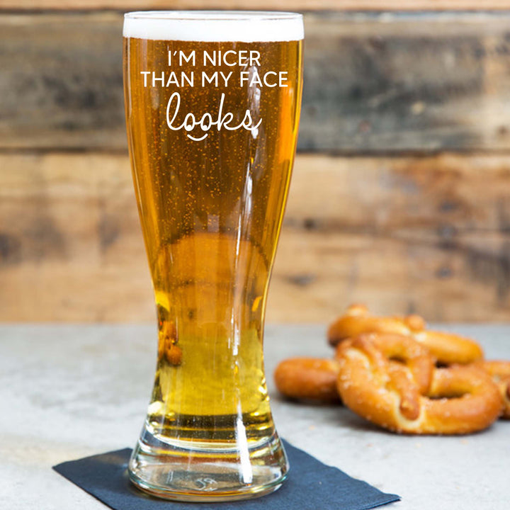 Engraved I'm Nicer Than My Face Looks Single Beer Glass