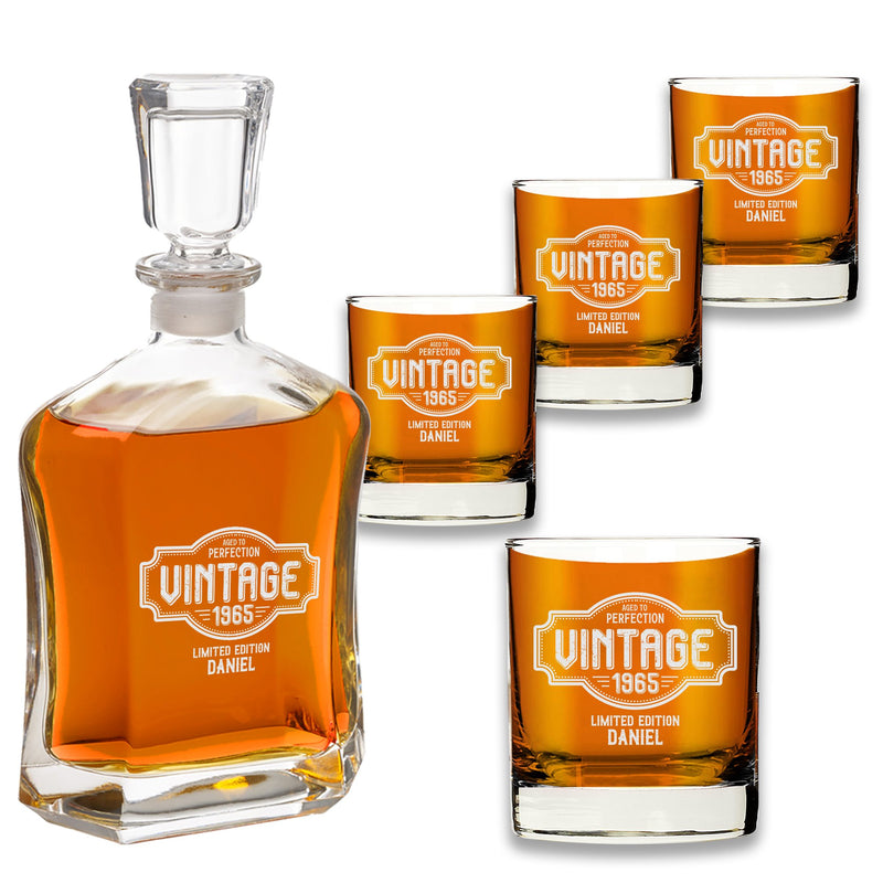 Custom Vintage Whiskey Decanter Set w/ 4 Glasses
