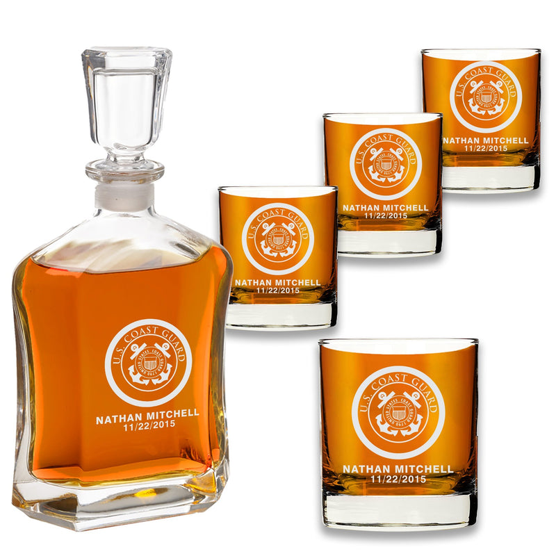 Personalized US Coast Guard Whiskey Decanter Set w/ 4 Glasses
