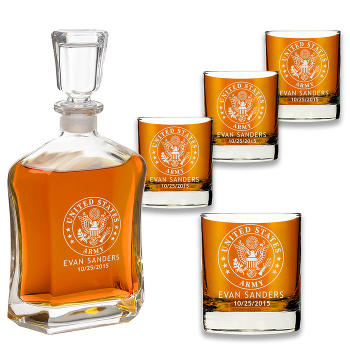 Custom US Army Whiskey Decanter Set w/ 4 Glasses