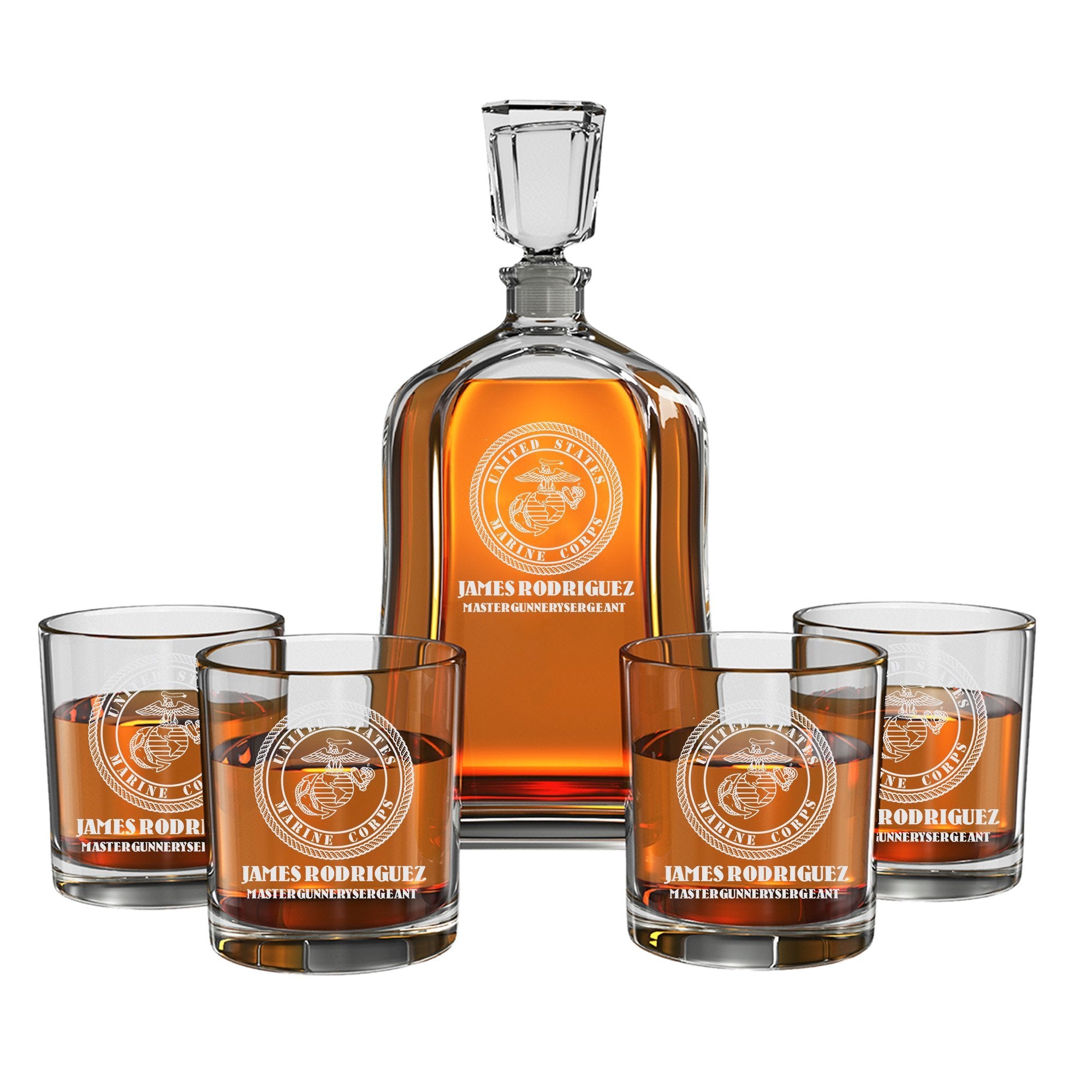 Engraved US Marine Corps Whiskey Decanter Set w/ 4 Glasses