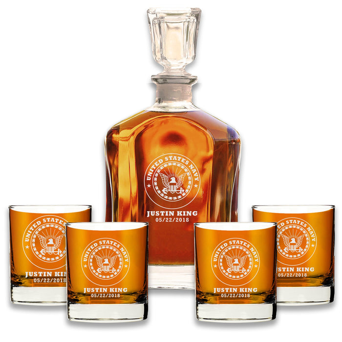 Custom US Navy Whiskey Decanter Set w/ 4 Glasses