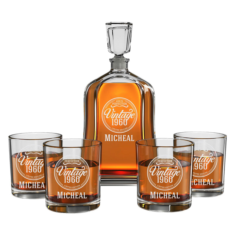 Personalized Vintage Whiskey Decanter Set w/ 4 Glasses
