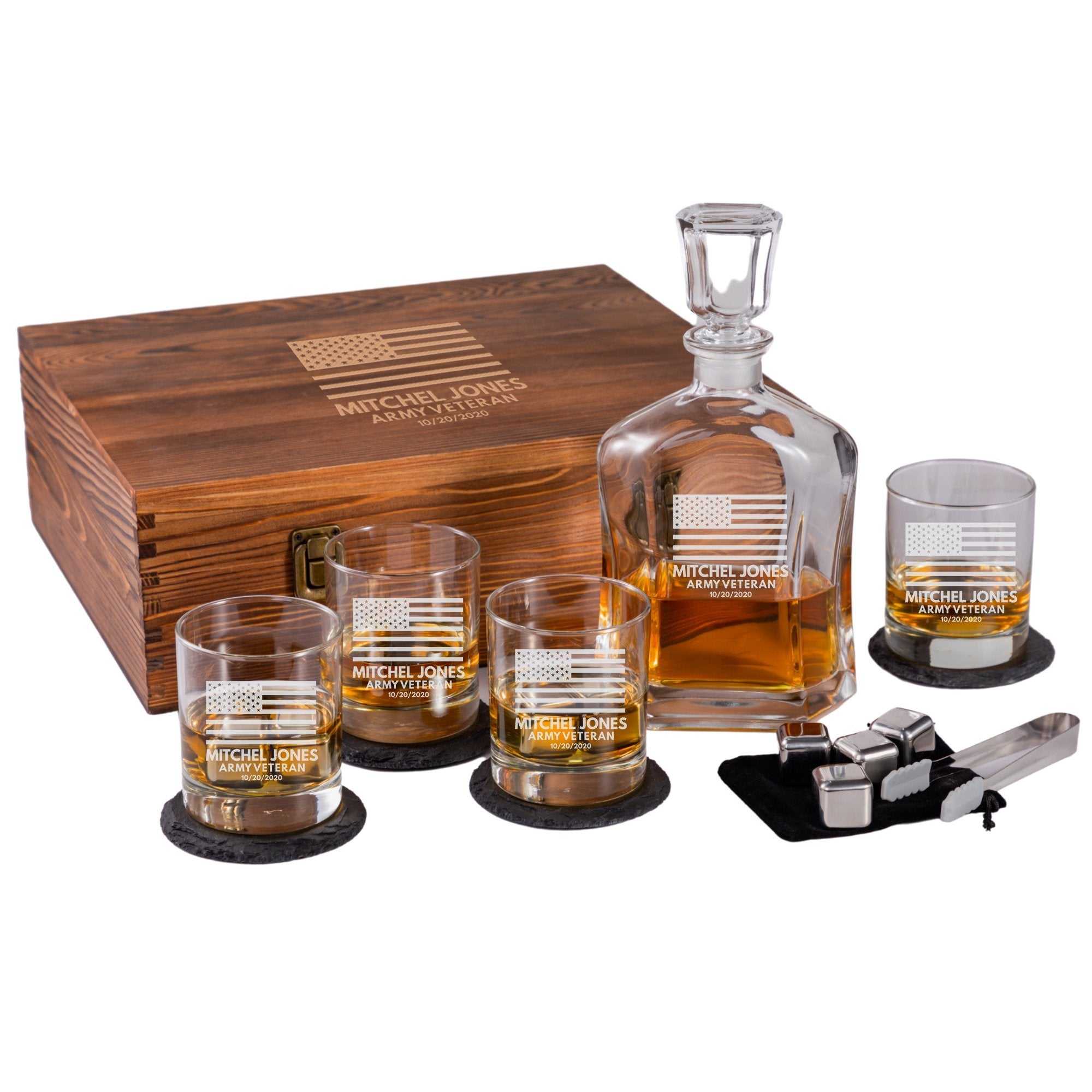 Engraved US Flag Whiskey Decanter Set w/ Box