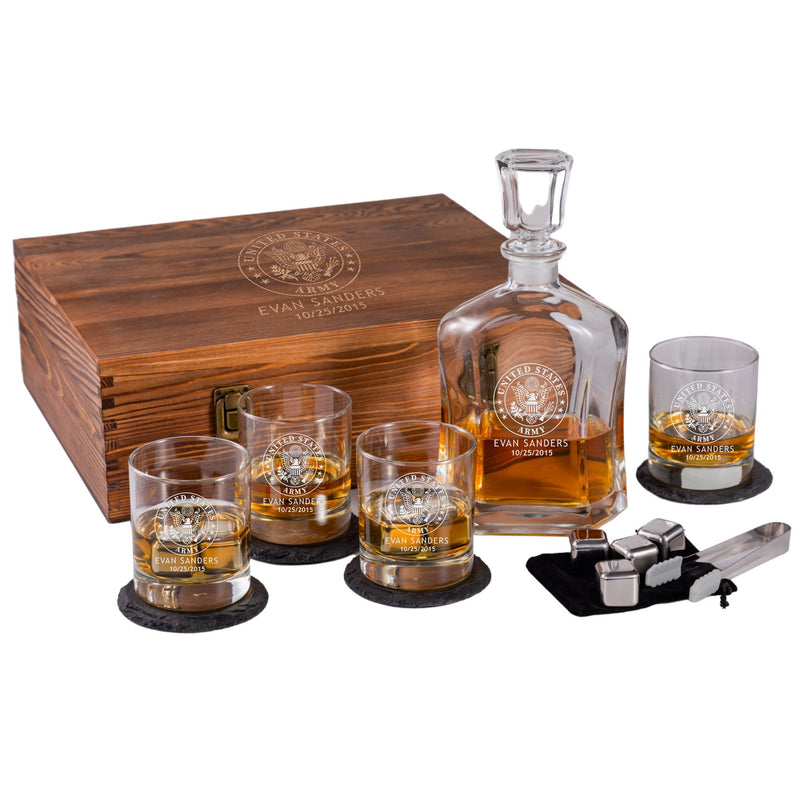 Engraved US Army Whiskey Decanter Set w/ Box