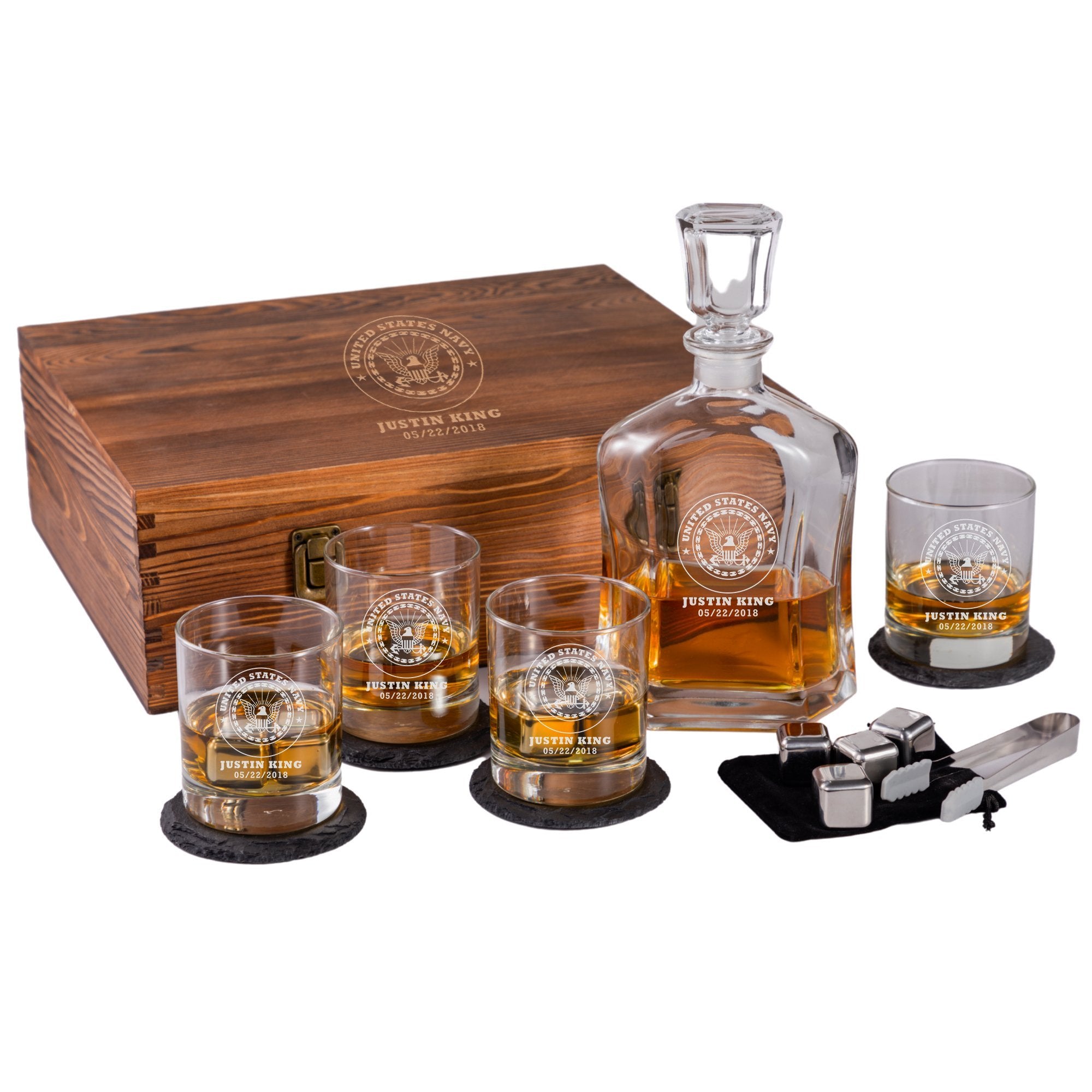 Engraved US Navy Whiskey Decanter Set w/ Box