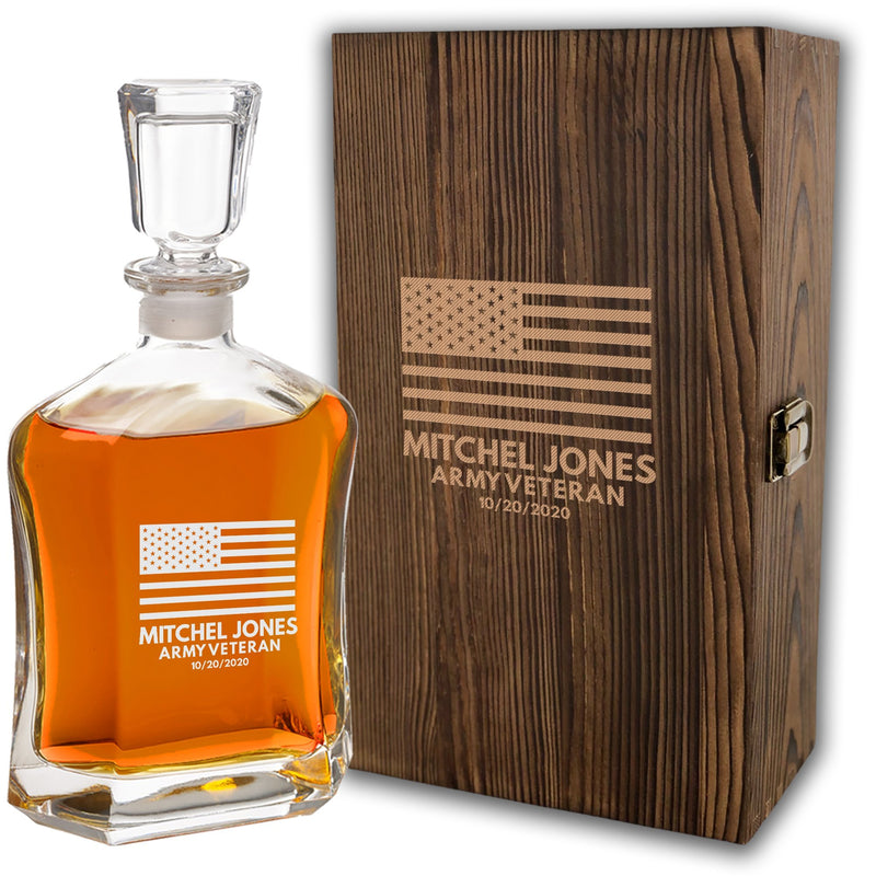 Engraved US Flag Whiskey Decanter w/ Box